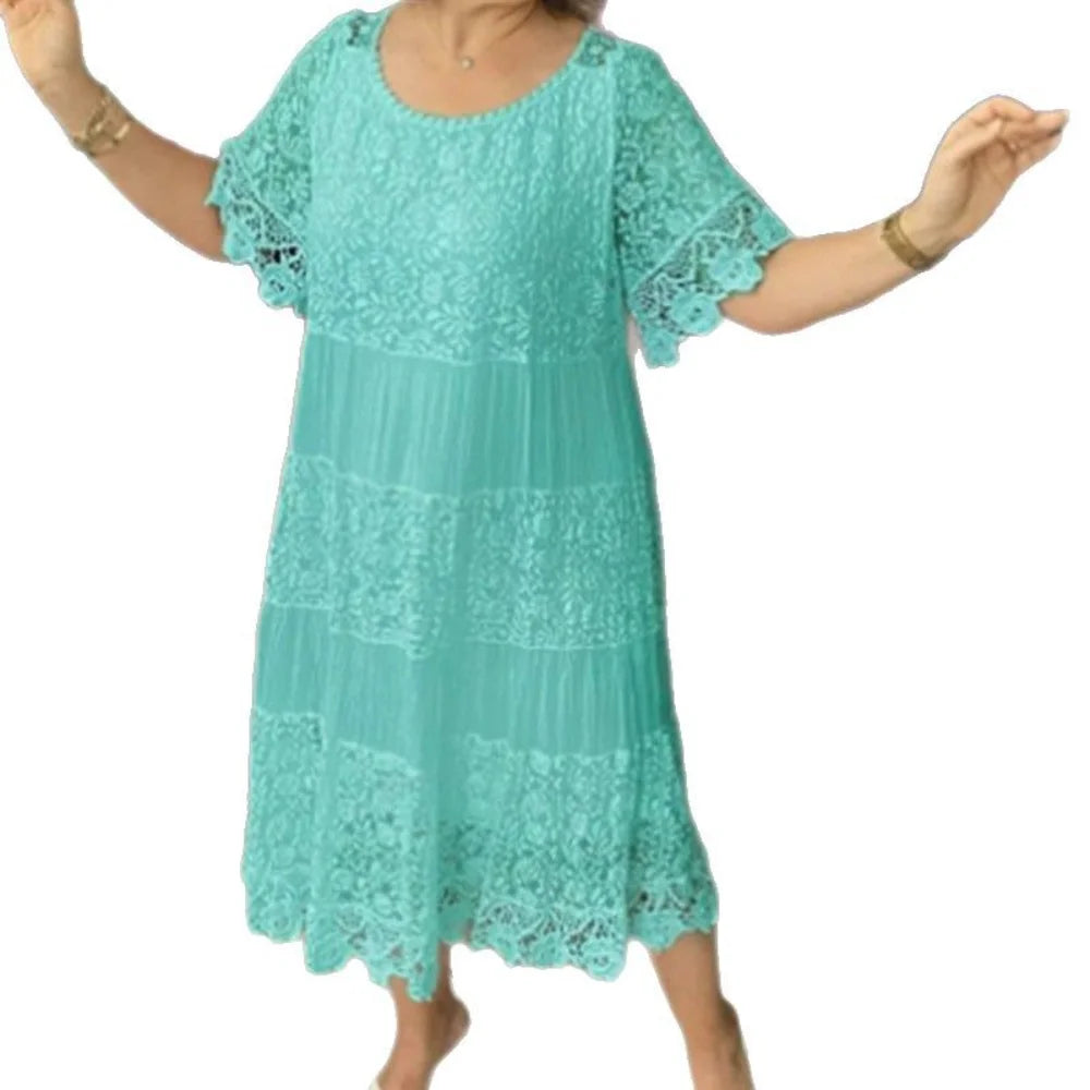 Summer Lace Dress Women Elegant Solid Color Round Neck Short Sleeve Long Dresses for Women