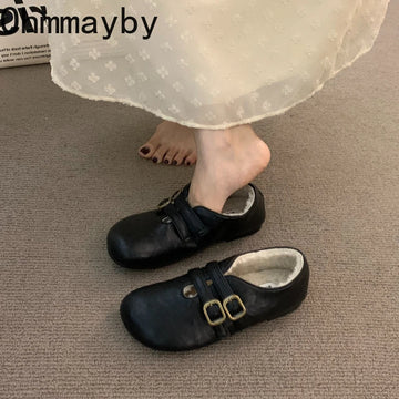 Warm Cotton Women Ballet Flats Comfort Soft Sole Short Plush Mary Jane Shoes Outdoor Grandma's shoes For Autumn Winter 2026
