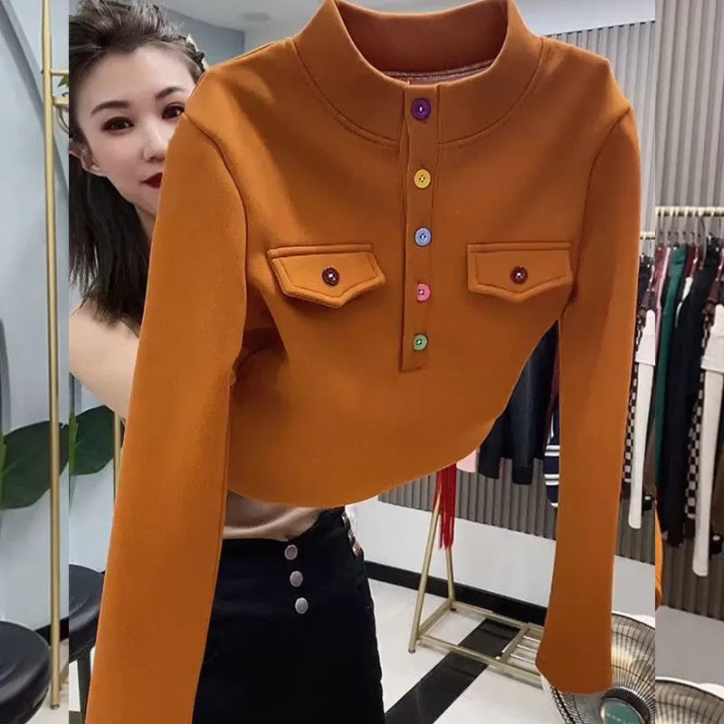 Spring Autumn Stand-Uup Collar Design Thick Velvet Sweatshirt Women Fashion Long Sleeves Casual Button Top Sportswear Tide T1303