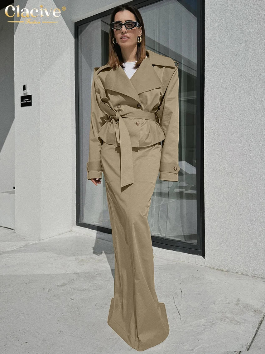 Clacive Fashion Loose Khaki 2 Piece Set Women 2025 Elegant Long Sleeve Shirt With High Waist Maxi Skirt Set Female Clothing