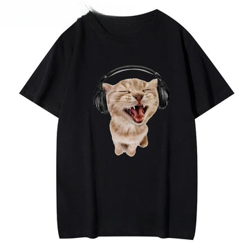 Kawaii Kitten With Headphones Print Women T Shirt Short Sleeve O Neck Red T-shirt Ladies Tee Shirt Tops Clothes Camisetas Mujer