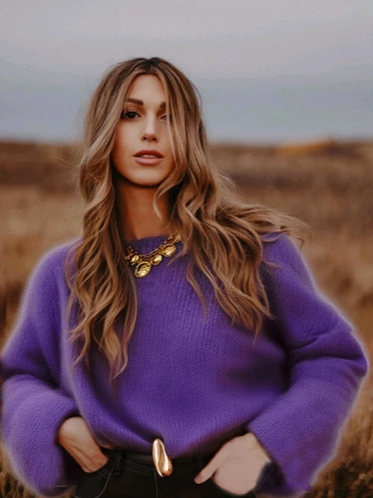 2025 Autumn Casual Loose Knitted Pullover Winter Simple O Neck Long Sleeve Sweater New Elegant Solid Purple Women's Knitwear