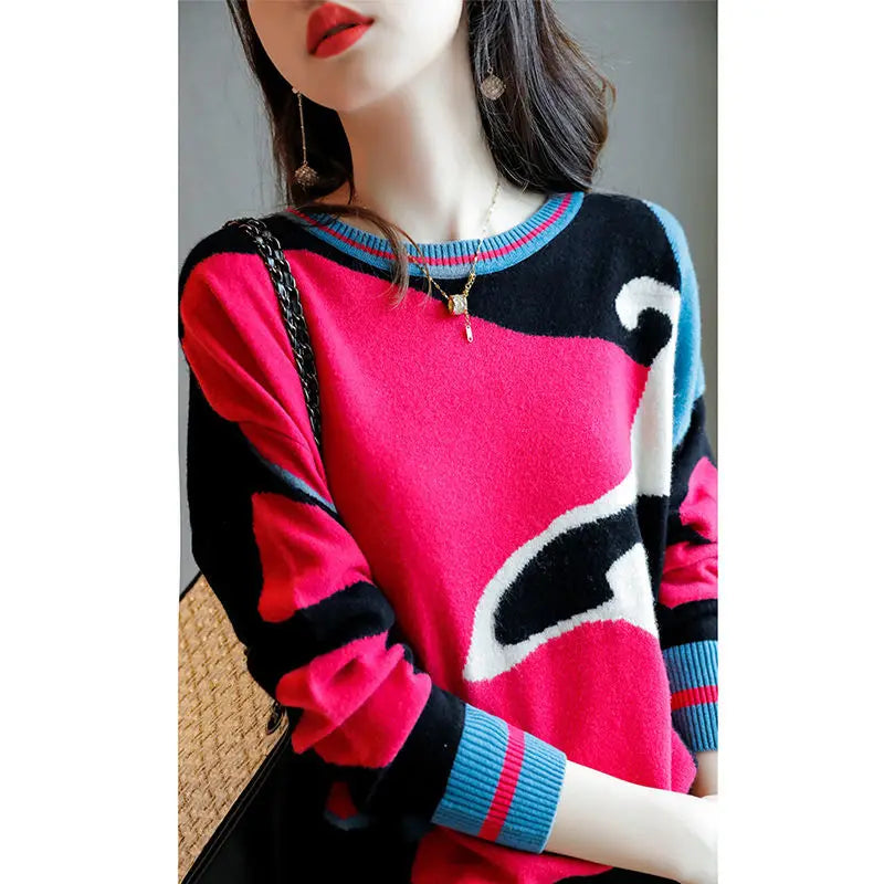 Korean Fashion O-Neck Long Sleeve Color Sweaters Woman 2022 Autumn Winter New Casual Commute All-match Warm Knitted Pullover Top