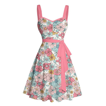 Dressfo Women's Dress Allover Floral Pattern Ruched Bust Vintage Dress Sweetheart Neck Sleeveless A Line Belt Vacation Dress