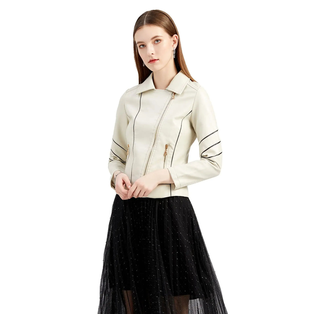 Women's Casual PU Windproof Motorcycle Jacket, Korean Rock,   Punk, Leather Coat, Spring and Autumn Fashion Zipper leather top