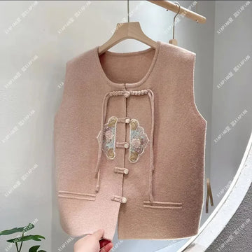 Spring And Autumn New Fashion Chinese National Style Embroidery Cardigan Knitted Vest Women Casual Loose Sweater Waistcoat T1172