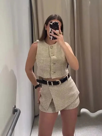 Vintage Women's Shorts Set Sleeveless O-Neck Short Vest Top+High Waist With Belt Culottes 2025 Summer Woman Suits Outfits