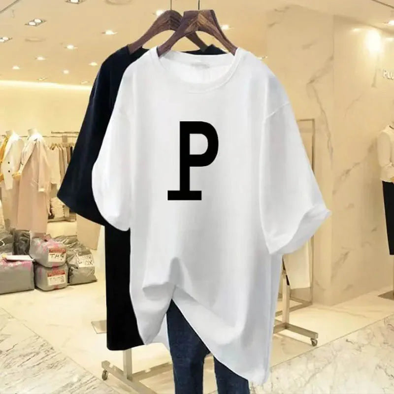 Women's Clothing Chic Letter P Print Tshirt Summer Fashion Loose Pure Cotton Short Sleeve Top Tee Office Lady All-match Pullover