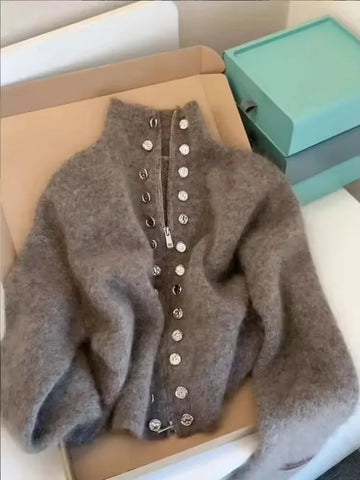 Fluffy Knitted Cardigan Sweater Double Breasted Stand-up Collar Knitwear Women Autumn High-end Lazy Zipper 2000s Y2k Knit Top
