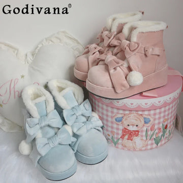 Thick-soled Snow Boots Women Winter Velvet Kawaii Pink Shoes Lolita Sweet Cute Bow Boot Women
