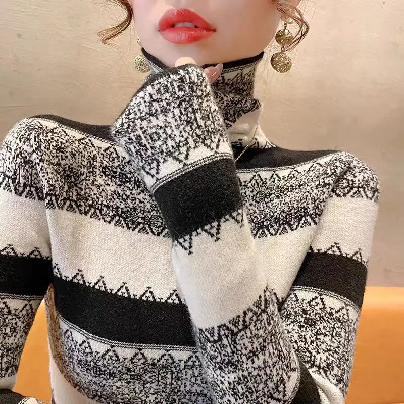 Autumn Winter Fashion Turtleneck All-match Knit Pullovers Women Clothing Elegant Chic Slim Striped Sweater Office Lady Sweet Top