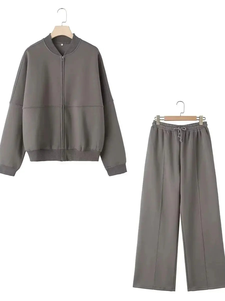 XNWMNZ 2024 Women's Fashion Zipper Bomber Sweatshirt or Elastic High Waist Plush Trousers Versatile Female Two Piece Set