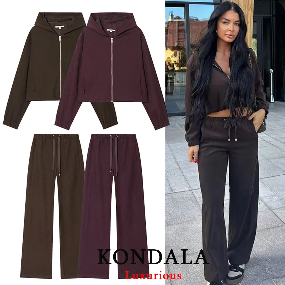KONDALA Wide Leg Pants 2 Pieces Sets For Women Long Sleeve Hooded Jacket Coat Trousers Women's Suit 2025 Autumn Women Outfits