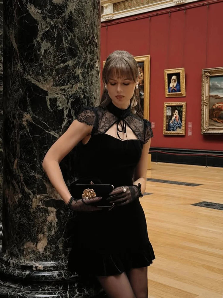 Lace Patchwork Velvet Dress Elegant Black Short Sleeve Lace Up Ruffled A-line Mini Women Dresses 2026 Lady Vacation Party Gown