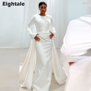 Eightale Arabic Wedding Dress Beaded Pearls O-Neck Customized Satin White Ivory Long Sleeves Muslim Bridal Gown Robe De Mariée
