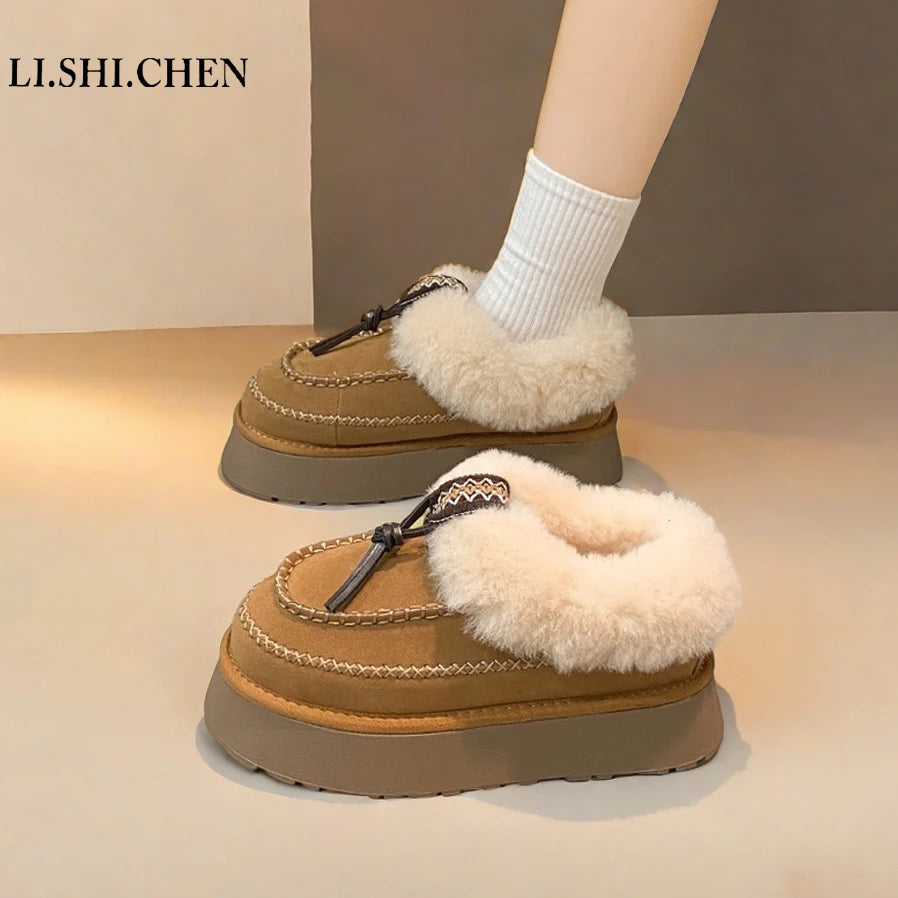 Winter Shoes Women Fringe Clogs Platform Tassel New Creepers Fur Shearling Snow Boots Ethnic Lace-Up Women's Shoes Platform Frin