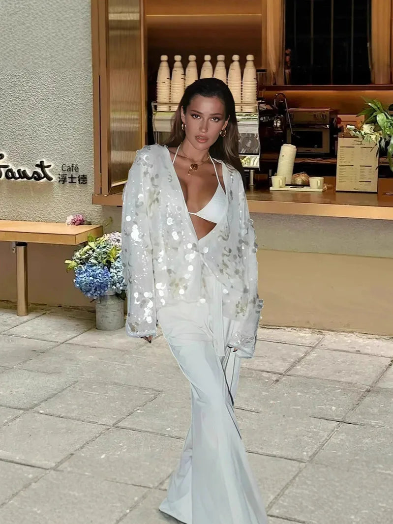 Five Colors Elegant White Sequ Patchwork Lace-up Shirt Blouse Women Long Sleeve V-neck Loose Short Coats Street Overshirt M4XW