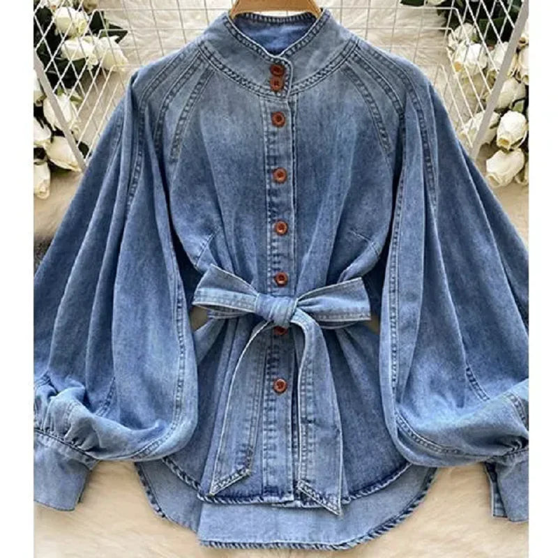 Vintage Denim Shirt Jacket Ladies 2026 Spring New Korean Casual Loose Jean Blouse Coat Women Lantern Sleeves Waist Tops T1553