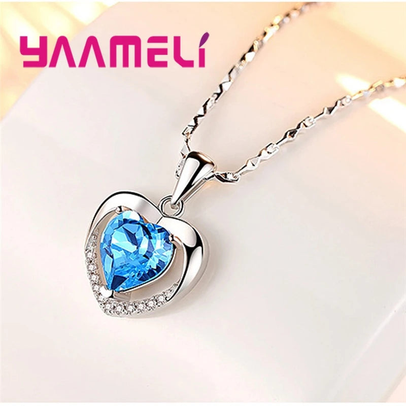 Unique Ocean Blue White Zircon Crystal 925 Sterling Silver Heart Pendant Necklace Women Lady Party Christmas Accessory