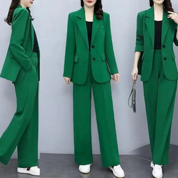Elastic Waist Pants Suit Elegant Women's Business Suit Set with Lapel Button Closure Cardigan Wide Leg Trousers Formal for Plus