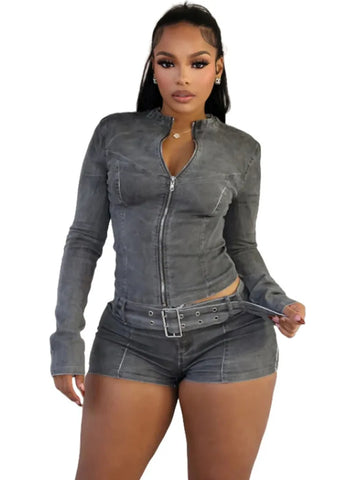 Sexy Denim Womens 2 Two Piece Set Stretchy Long Sleeve Zip Up Slim Jackets And Shorts Suits Y2k Belt Jean Outfit Sets VX9Z