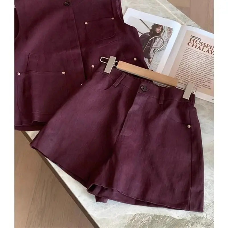 BESTBAFU Purple Two Piece Suit Women O-Neck Single Breasted Pocket Vest + Wide Leg Shorts Formal Office Solid Color Outfit 784P