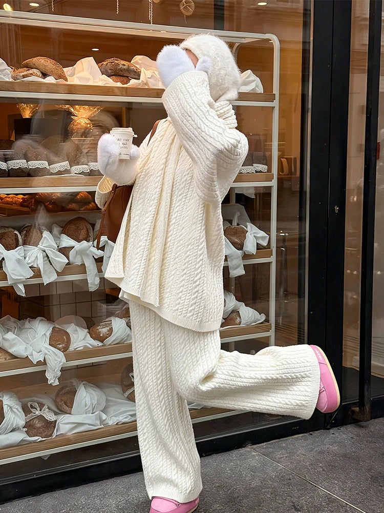 Vintage Simple Knitted Tops&Pants Sets Autumn Winter New Women's Warm Commute Outfits Elegant Long Sleeve Loose Two Piece Sets