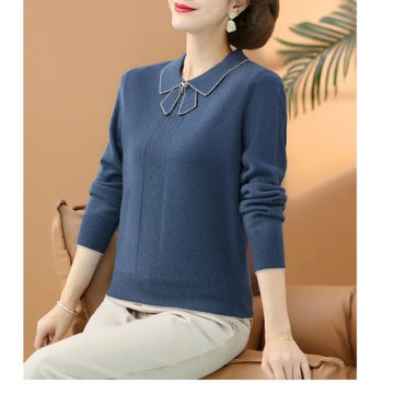Autumn Winter Women's Pullover Turn-down Collar Solid Rhinestone Embroidered Long Sleeve Sweater Knitted Casual Elegant Tops