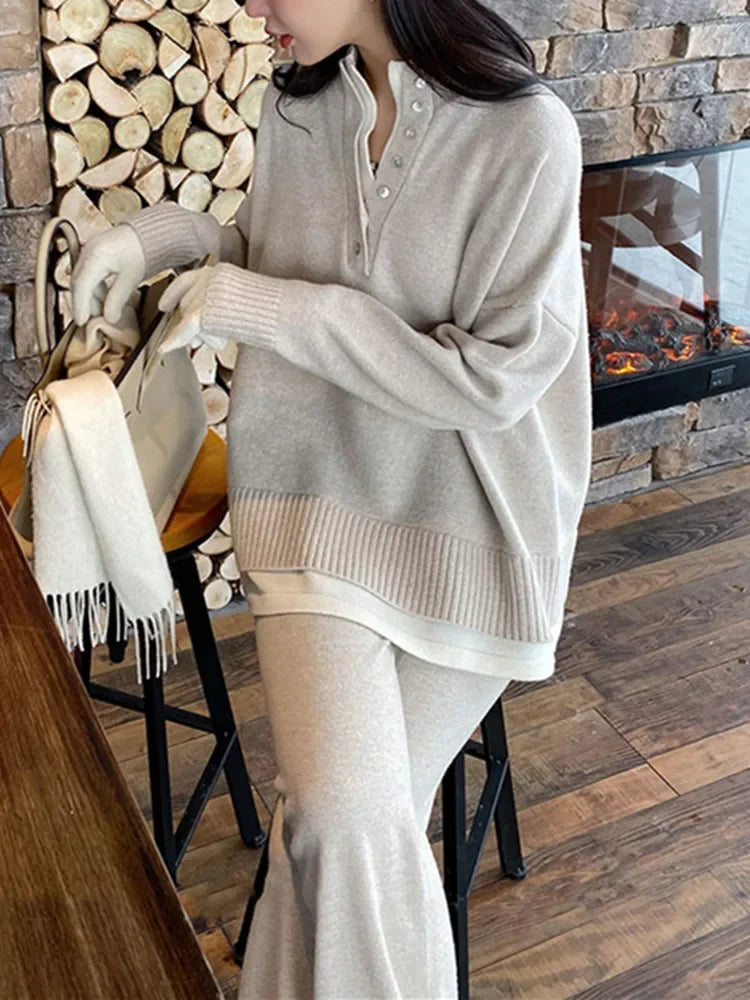 Autumn Winter Warm Knitted Trousers Set Women Long Sleeve Pullovers & Elastic Waist Wide Leg Pants Female Sweater Set