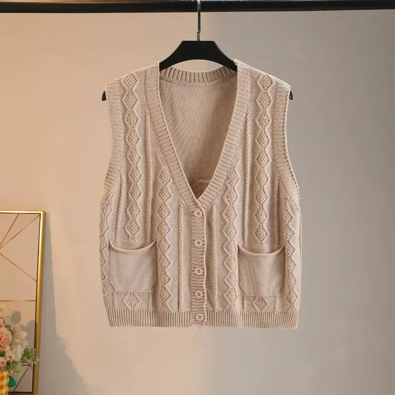 Sspring Autumn Knitted Sweater Vest Women New Fashion V-Neck Pockets Cardigan Knitwear Sleeveless Jacket Female Waistcoat T1116