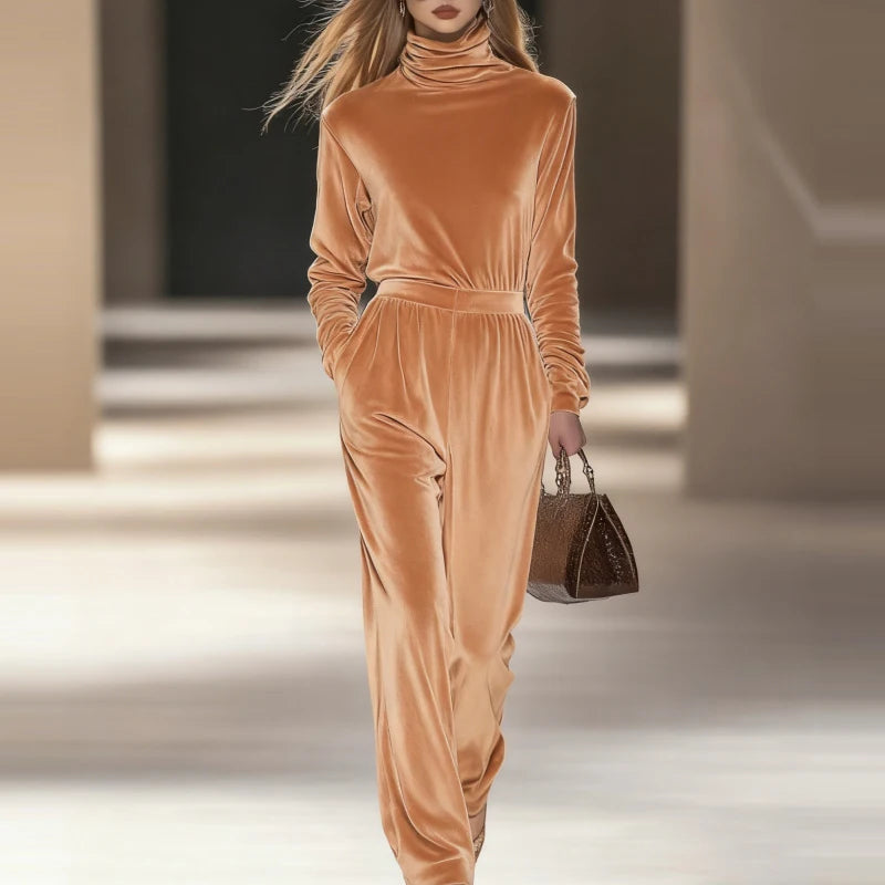 Casual Long Sleeve Pleat Pocket Outfits Fashion Turtleneck Pullover & Pant 2Pc Set Women's Elegant Simple Velvet Long Pant Suit