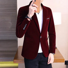 2024 Autumn Men Slim Blazer Formal Wear Dress Burgundy Velvet Blazers Male Fashion Casual Suits Jackets