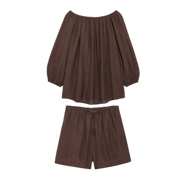 2025 new summer women's casual fashion loose off-shoulder collar long-sleeved top + drawstring wide-leg shorts