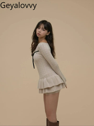 Japanese Style Fashion Sweet Girls Ruffled Tie Sweater Long Sleeve Knitted Top and High Waist Slim Shorts Two-Piece Set
