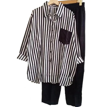 2Pcs/Set Women Outfit Shirt Pants Set Casual Elastic Waist Breathable Stripes Blouse Pants Suits Spring Summer Women Set