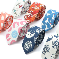 Novelty Cartoon Linen Tie For Men Cute Cat Polar Bear Waves Pattern Skinny Necktie For Men Women Casual Party Slim Cravat Gift