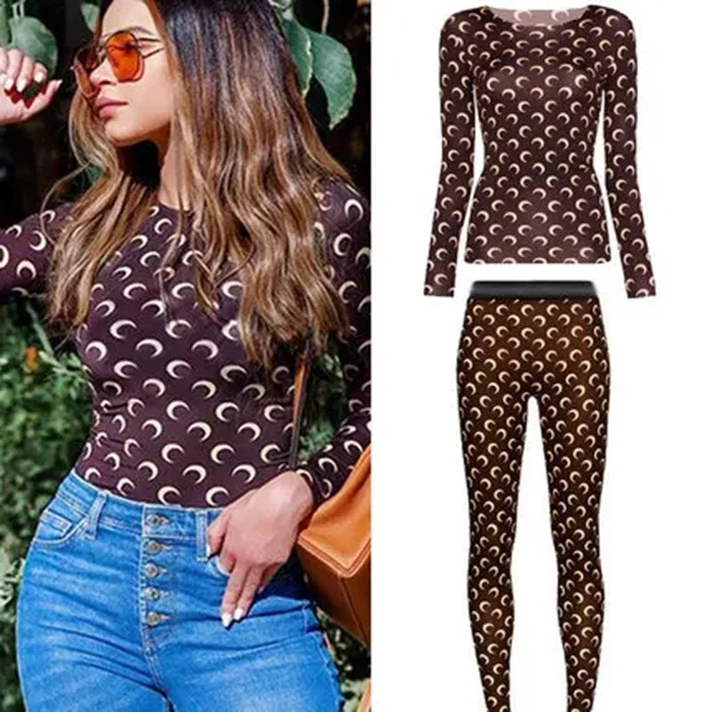 Autumn Two Piece Set New Womens American Retro Sweet Sexy Casual Set Moon Print Ice Silk Top Long Sleeve Pants