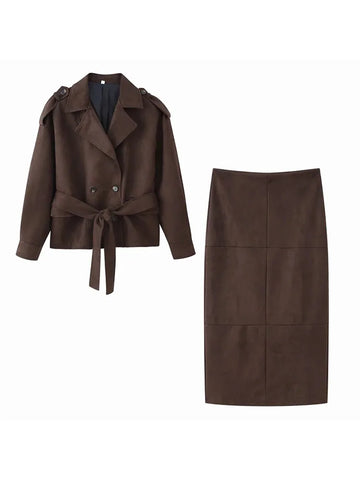 Women Autumn Winter New Vintage Brown Laced Up Long Sleeve Jacket 2 Piece Set Casual Slim Suede Skirt Women Skirt Set