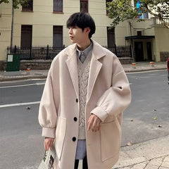 Medium-length Casual Woolen Overcoat Solid Color Fashionable Suit Collar Trendy Men's Winter Single-breasted Blazer