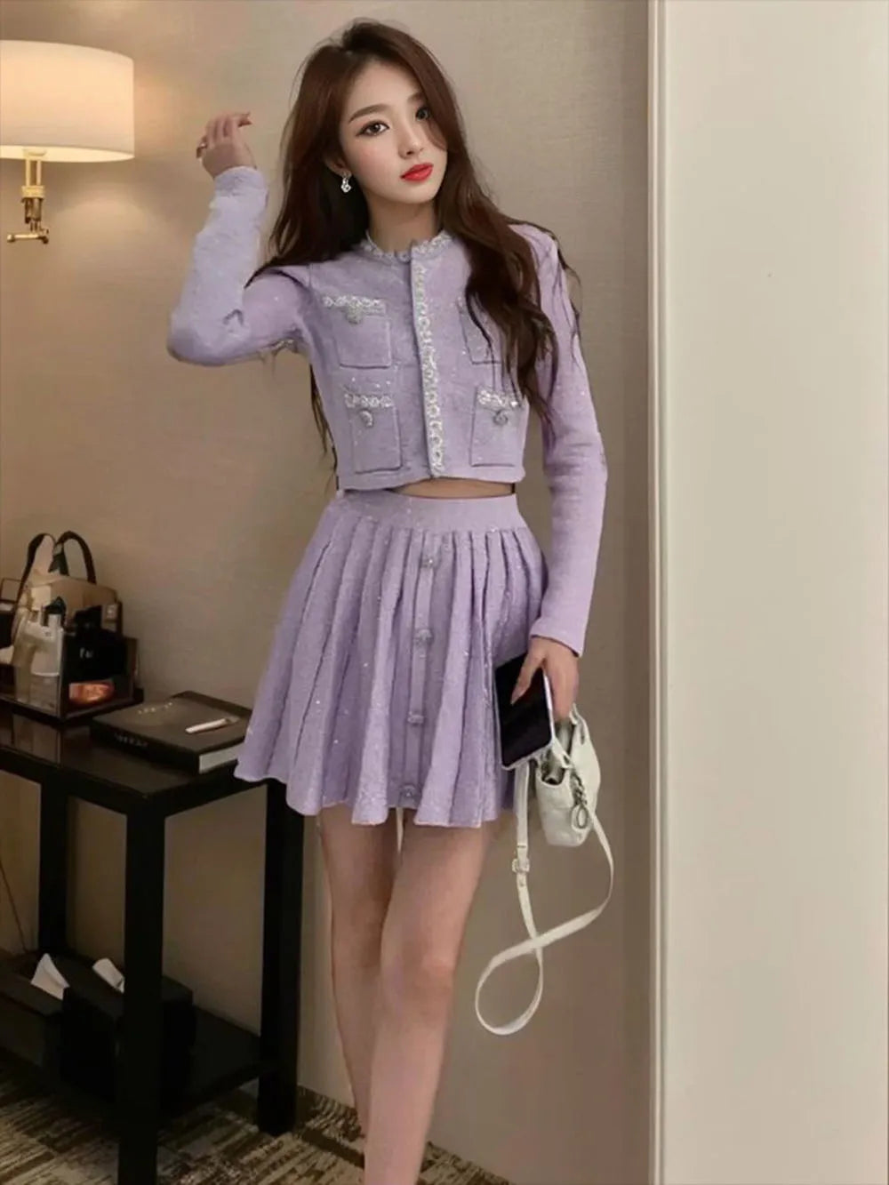 Women's Elegant Knitted 2pc Set Spring Autumn Long Sleeve Beading Single Breasted Snap Fastener Top+Elastic Waist Pleated Skirt