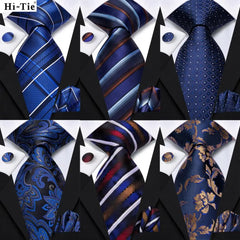 Hi-Tie New Striped Navy Blue Silk Elegant Tie For Men Groom Wedding Men Necktie Pocket Square Cufflink Accessory Wholesale