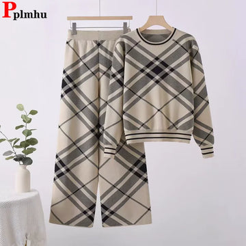 Fall Winter Plaid Design 2 Piece Sets Women O-neck Long Sleeve Sweater Pullover Tops Conjuntos Elastic High Waist Pants Outfit