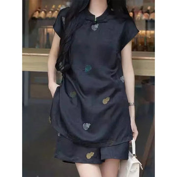 BESTBAFU Chinese Style Print Suit Women Black Stand Collar Frog Shirt+Shorts Office Lady Stain Outfits 2-Piece Set 612P