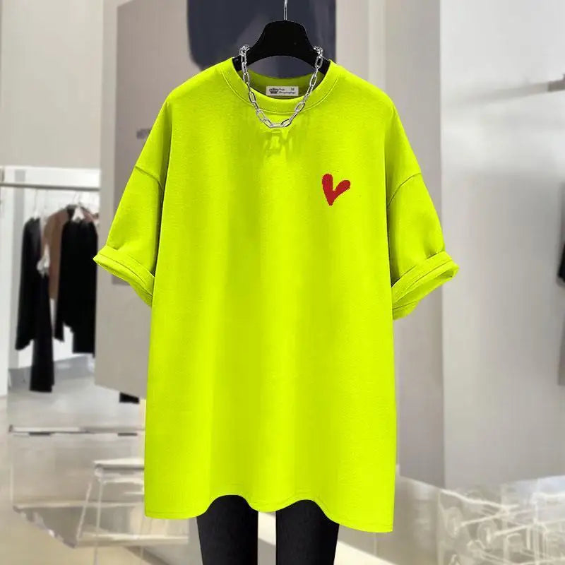 Women Clothing Fashion Little Love Printing Basic T-shirts Summer Casual Pure Cotton O-neck Short Sleeve Top Tee Loose Pullover