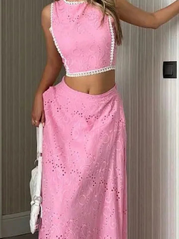 Casual Sleeveless Long Skirt Two Piece Sets Elegant Embroidery Hollow Out Skirt Suit Fashion O-neck Pullover Top & Skirt Outfits