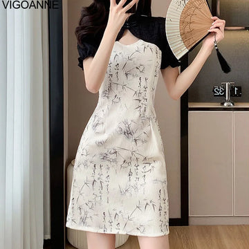 VigoAnne 2025 Woman Patchwork Bodycon Dress Female Korean Hollow Short Sleeve Dresses Summer Sexy Lady Party Tight Long Dress