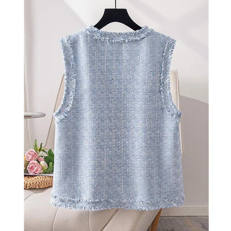 Spring Autumn New Fashion V-Neck Women Vest Sleeveless Jacket Elegant Single Breasted Waistcoat Casual Loose Ladies Tops T1114