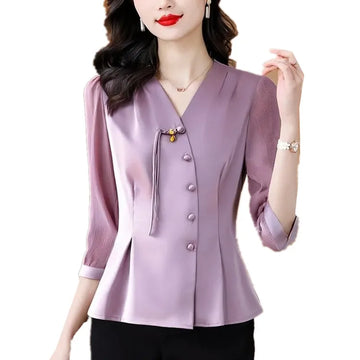 Summer New V-Neck Shirt Women High Quality Coat Temperament Fashion Blouse Seven Points Sleeve Tops Female Loose Clothes T1291