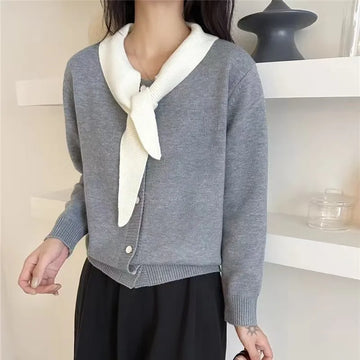 Spring Autumn Fashion All-match Fake Two Sweater Women Clothing Elegant Loose Long Sleeve Button Cardigan Office Lady Y2k Tops