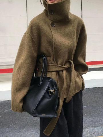 2025 Autumn Woolen Coats Women Casual Double Breasted Stand Collar Female Office Short Jackets Chic Lady Loose Street Outwear